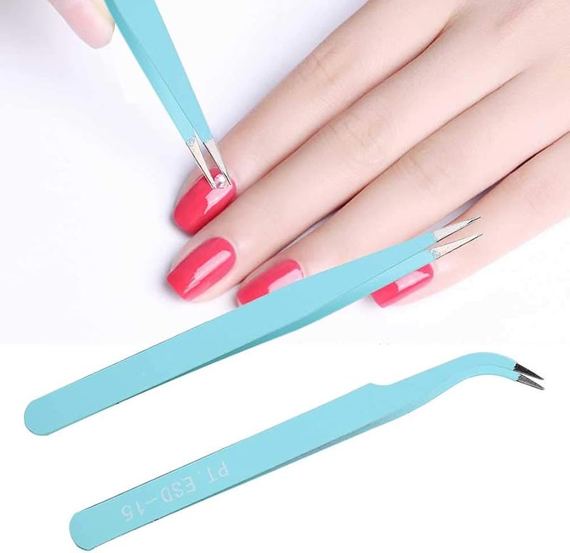 Professional Manicure Tweezers Stainless Steel Straight Curved Head Rhinestone Pickup Blue 2Pcs - Image 5